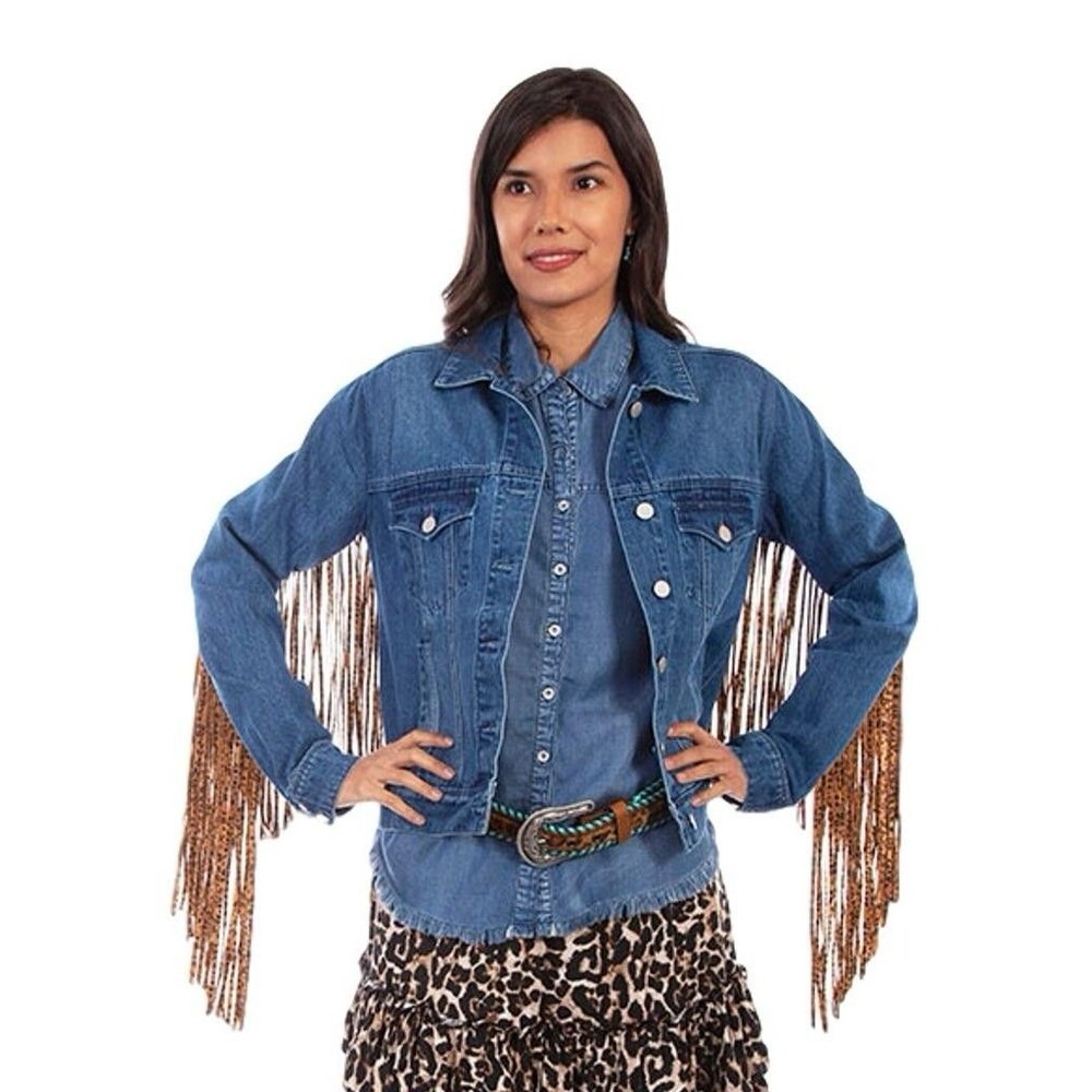 Scully Western Leopard Fringe Denim Jacket.  Cowgirl Rodeo Style. Size Medium